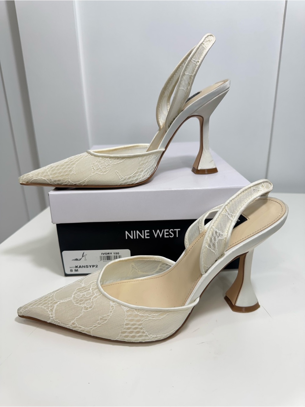 NINE WEST Kansy Ivory Lace Mesh Pointed Toe Slingback Wedding Heels Pumps 8M